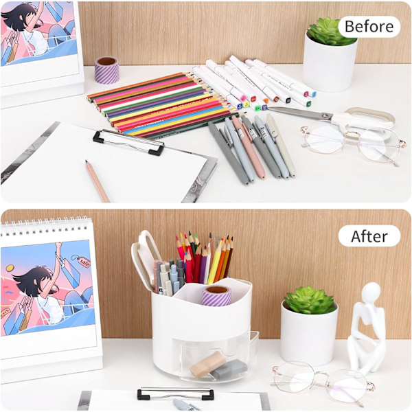 Roterende Pen- og Blyantsholder, 4 Rum Pen Pot - Skrivebordsstationær Opbevaring Makeupbørsteholder til Hjem og Kontor, Pen Organiser Desk Tidy White