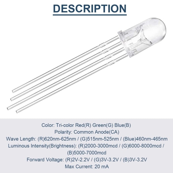 100-pak 5 mm LED'er med fælles anode, DC 3 V, 20 mA, RGB trefarvet (rød/grøn/blå)