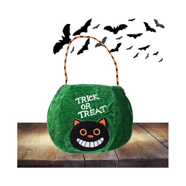 1 grön Halloween-kattmönstrad godispåse för barn, perfekt för Halloween.