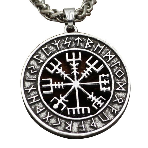 Runes Viking Odin Sign Compass Hänge Halsband Långsektionerat Läderrep Halsband Vanligt smycken -Silver