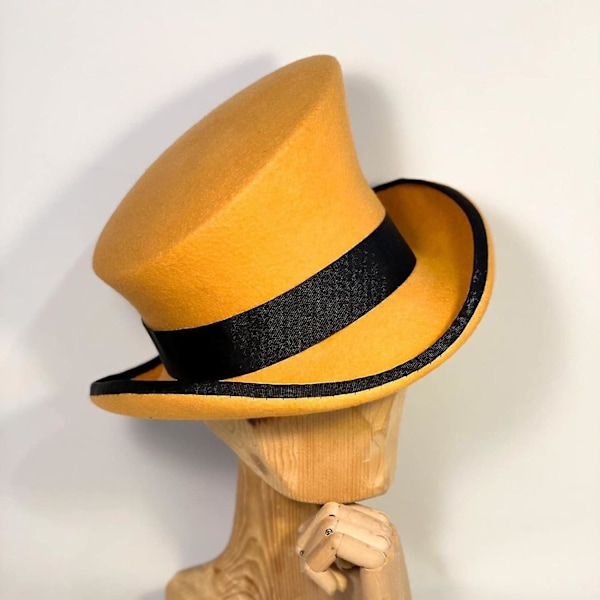 Asymmetrisk Tophat i Uld - Dame, Herre, Unisex - Steam Punk Hat - Tophat med Modebånd - Dekorativ Hat til Mænd - yu Yellow One Size