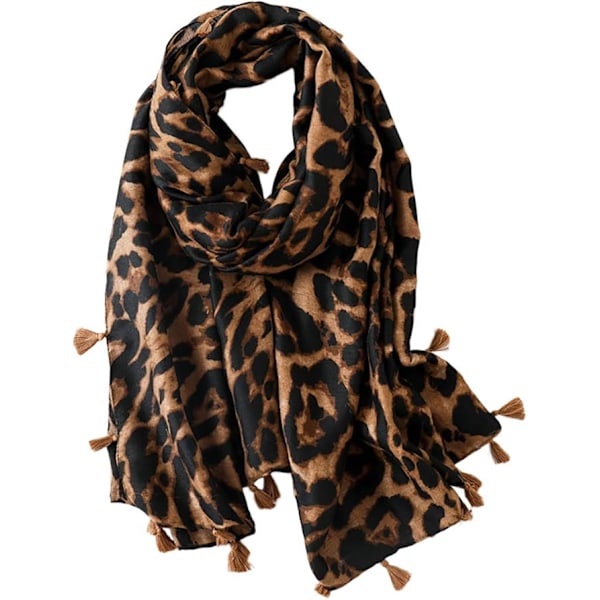 Lång Mjuk Halsduk för Kvinnor - Mode Halsdukar Dam Leopard Sjal Kvällsfest Tillbehör Tofs Brun
