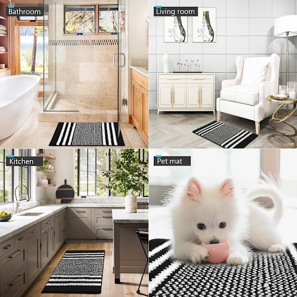 Badematte Teppe Ekstra Myk og Absorberende Fluffy Stripete Chenille, Sklisikker Lussete Badegulvmatte, Maskinvaskbar (40 x 60 cm) Black