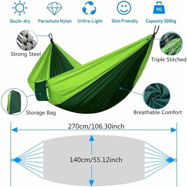 Bärbar Ultralätt Vattentät Nylonhängmatta, 1-2 Personer Max Last 300KG (270 * 140cm) för Trädgård, Resor, Camping och Vandring