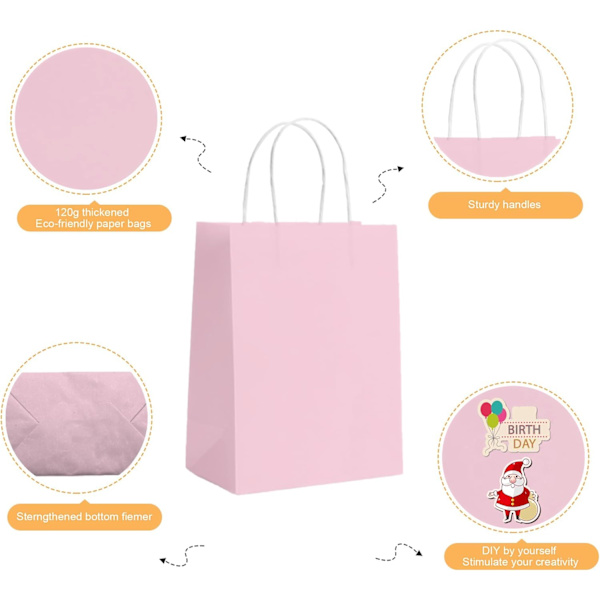 Gaveposer til Fest 10 stk Papirgaveposer til Barnfest, Papirposer med Håndtak, Små Gaveposer Ideelle til Bursdag, Bryllup, Babyshower, Jentefest Pink 10 count
