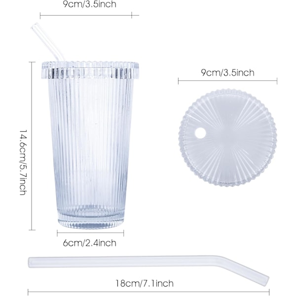 2 st 375 ml Ribbade Glaskoppar, Kalla Kaffe Koppar med Lock och Sugrör Dricksglas Set