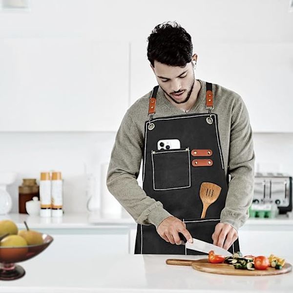 Lerreklede i Canvas for Menn med Lommer, Justerbar Stropp og Store Lommer, Kjøkken Matlaging Baking Kokk Lerreklede