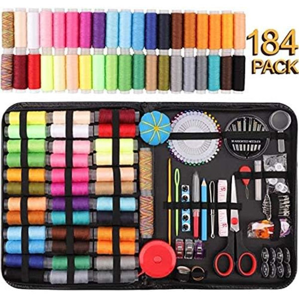 Ompelijatarvikkeiden setti, 184 osaa Premium-laatuinen suuri ompelutarvikkeiden setti PU-kotelolla, 38 XL-lanka kelaa, sakset, peukalonsuojus, langanpujottaja, neula, DIY- ja kotipainikkeen korjaussetti