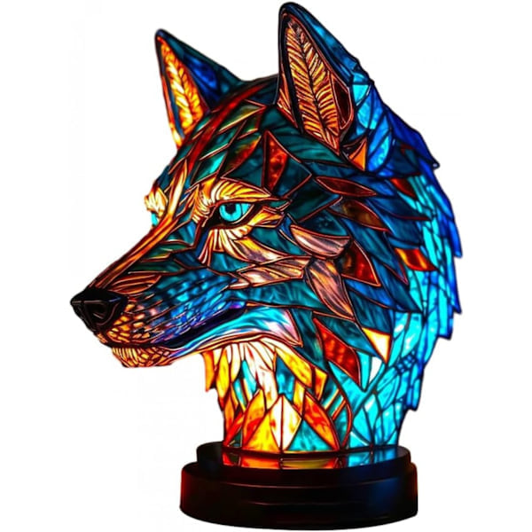 Djurbordlampa-serie Färgad Harts Elefant Draken Vargen Lampa Retro Sänglampa Tiffany Stil Nattlampa Bohemisk Hartslampa för Sovrum wolf