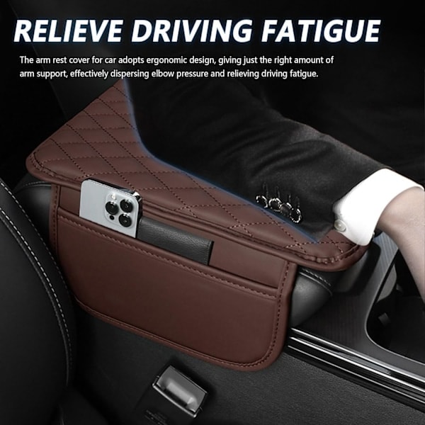 Opgraderet Midterkonsol Cover til Bil, Mikrofiber Læder Armlæns Cover med 2 Opbevaringslommer, Universal Bil Armlæns Opbevaringsboks Bil Interiør A Brown