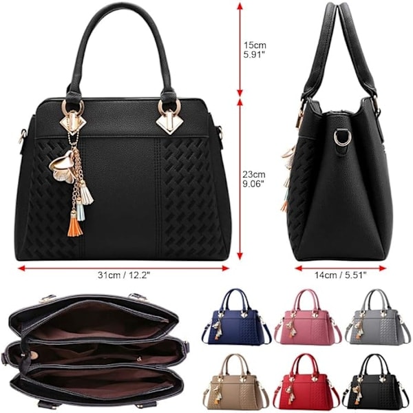Damhandväskor Axelväska Crossbody Messenger Väska Tote Satchel för Kvinnor PU Läder Handväska Black