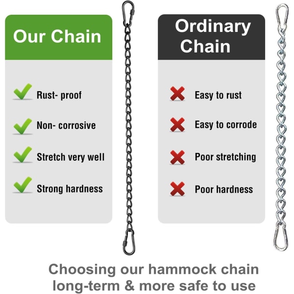 Kædeophængningssæt til hængekøjestol, med to karabinhager, til hængekøje, sandsæk, indendørs og udendørs hængekøjestol 66 cm