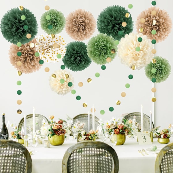 Hääjuhlat Koristeet Setti, 15Kpl Vihreä Paperi Pom Poms, Piste Paperi Garland String Ripustus Tausta Kihlat, Maalaismainen Hää