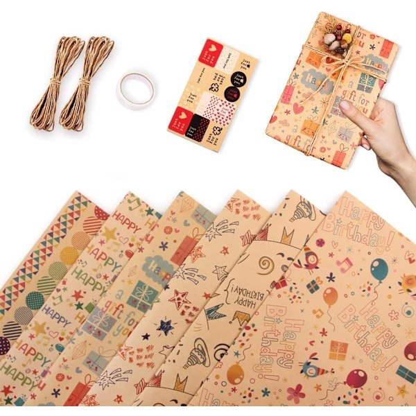 Birthday Wrapping Paper, 6Pcs Gift Wrapping Paper Sheets Recyclable Gift Wrap with 2 Ropes,1 Double-Side Tap,1 Sticker,Brown Wrapping Paper for Gifts