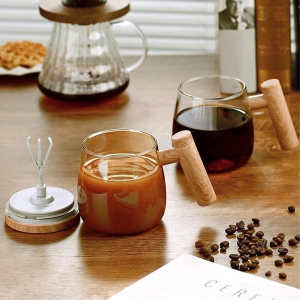 Selvrørende krus med låg, 400 ml elektrisk blandekop, selvrørende kaffekrus, selvrørende kop i borosilikatglas
