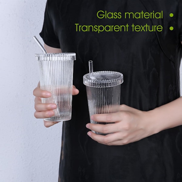 2 st 375 ml Ribbade Glaskoppar, Kalla Kaffe Koppar med Lock och Sugrör Dricksglas Set