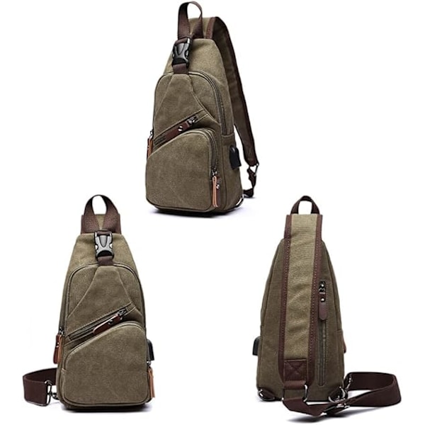 Canvas Sling Bag Crossbody Ryggsekk Skulder Casual Rucksack for Menn Kvinner Utendørs Sykling Vandring Reise Fiske Shopping Trekking Green