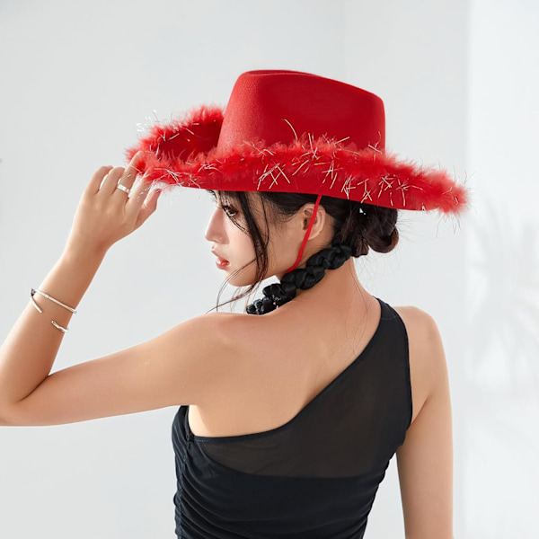 Cowboyhatte til Kvinder Plysset Fjederkant Cowgirl Hat til Polterabend, Kostumefest, Leg Klæd Dig Ud Red