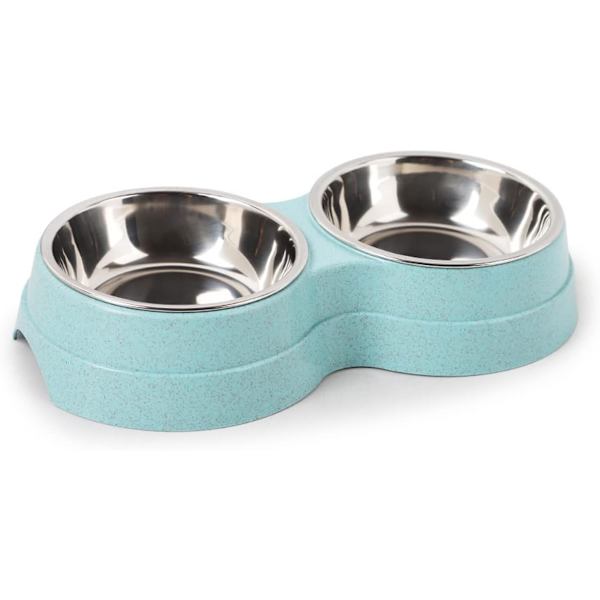 1 stk Dobbelt Hundebolle, Skridsikker Aftagelig Dobbelt Skål i Rustfrit Stål 2-i-1 Hundebolle med Spildfri Funktion til Små Hunde Blue