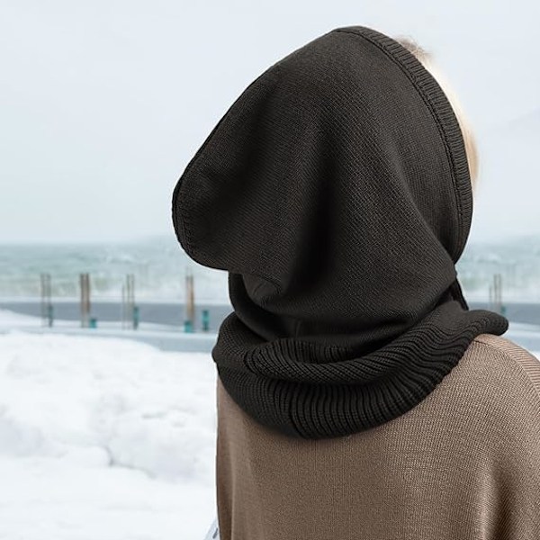 Strikket Balaclava Hue Skull Cap med Snøre Varm Hætte Hat Sort