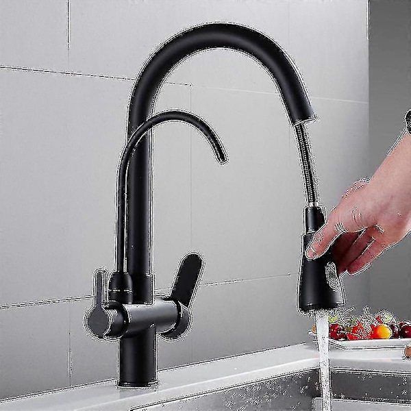 3-veis Moderne Matt Svart Krom Drikke Messing Blandebatteri Filter Svart Uttak Kjøkkenvask Armatur