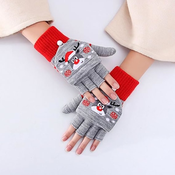 Vuxna Julvantar Stickade Halvfinger Vantar med Vändbar Skydd Konvertibla Vantar Vinter Varma Vantar Reindeer Grey