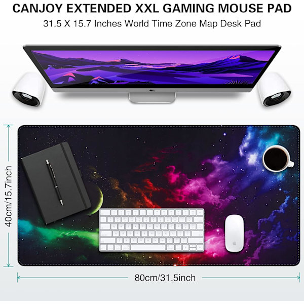 Gaming Mousepad, Udvidet Mousepad 800 x 400 mm, Computer Tastatur Mouse Mat Desk Pad med Skridsikker Gummibund og Syet Kant til Gaming Arbejde Colorful Aurora XXL