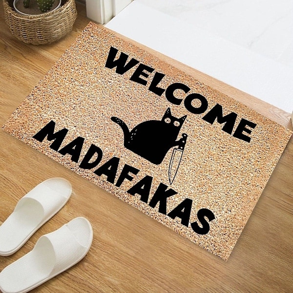 Musta Kissa Welcome Madafakas Kokopainatus Ovimatto Hauska Ovimatto Kodin Sisustus Keittiö