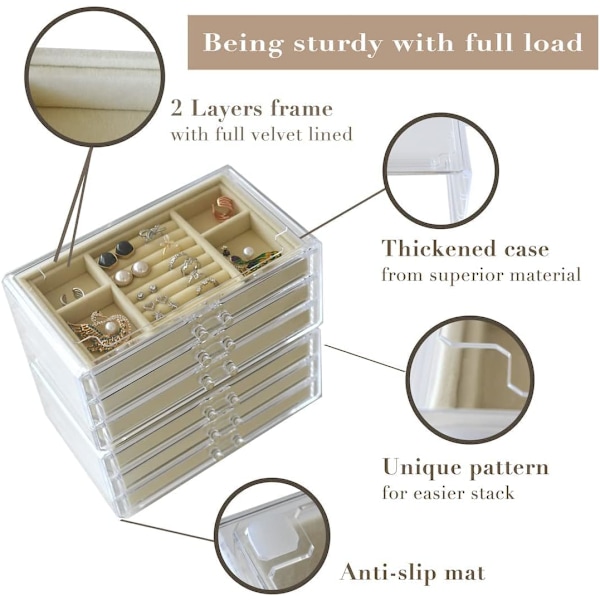 Smykkeboks for kvinner med 3 skuffer, fløyels Smykkeorganisator for ørepynt armbånd halskjede og ringer oppbevaring klar akryl Smykkeboks
