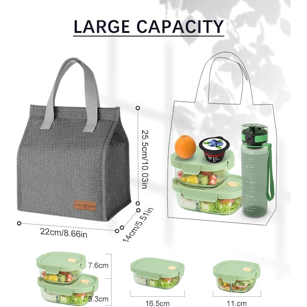 Lunsjposer for Kvinner Menn, Bærbar Isolerende Lunsjpose Vannresistent Lekkasjesikker Lunsjboks Tote Bag for Barn Jenter Gutter Voksne Grey