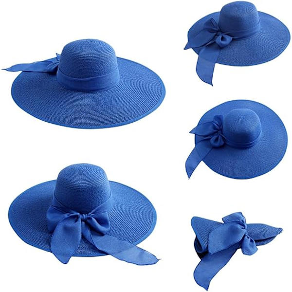 Stor rosett stråhatt, stor, mjuk, hopfällbar, rullbar strandhatt, solhatt Royal Blue