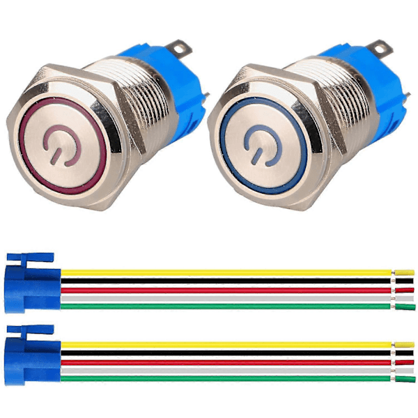 2st Låsande Tryckknappsbrytare 1no1nc Rostfritt Stål Vattentät 220v-230v/5a LED-belyst Brytare Med Sockel Passar 16mm Monteringshål (blå+röd)