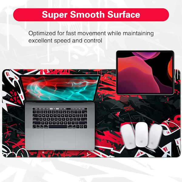 Gaming Mousepad, Udvidet Mousepad 800 x 400 mm, Computer Tastatur Mouse Mat Desk Pad med Skridsikker Gummibund og Syet Kant til Gaming Arbejde Black Red XXL