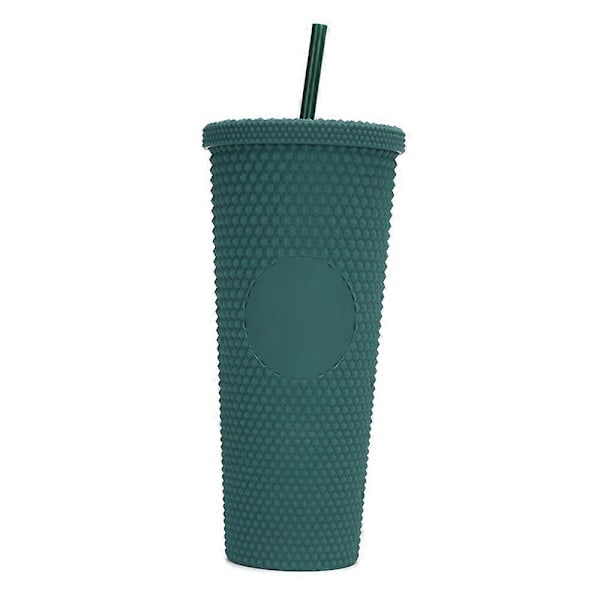 710ML/24OZ Stor Vattenkopp med Fullt Besatt Matt Tumbler Återanvändbar Plastkopp med Bred Öppning Läcksäker Lock Halm Dark green