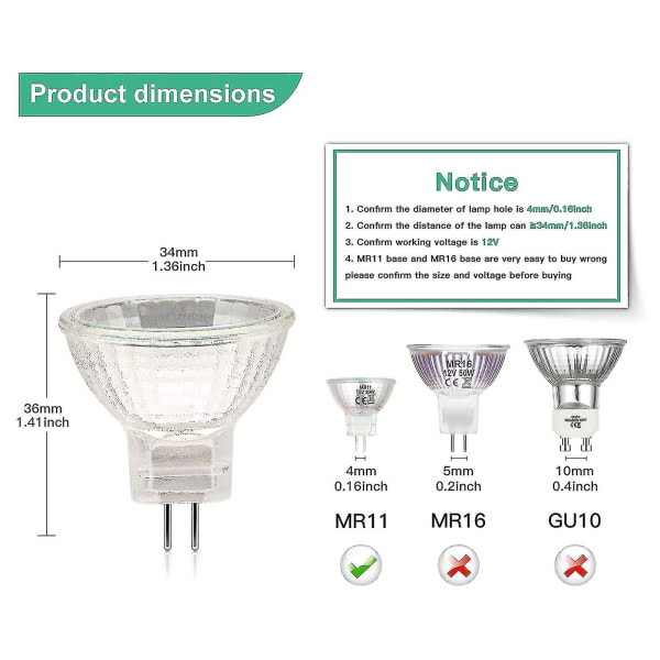 Mr11 halogenlampor (12-pack), Gu4 halogenlampa 12v 20w, Mr11 Gu4 dimbar lampskärm för taklampa