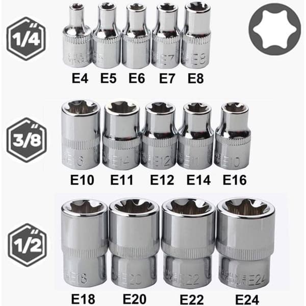 Set med 14 stjärnformade invändiga hylsor av typ E4-E24 (röd)