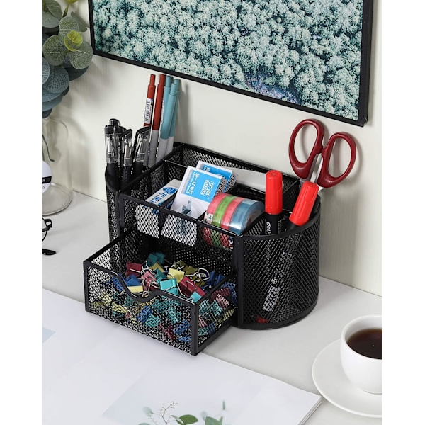 Kontor Mesh Skrivebordsarrangør Alsidig Papirvarer Opbevaring Desktop Organiser Pen Holder med Skuffe Black