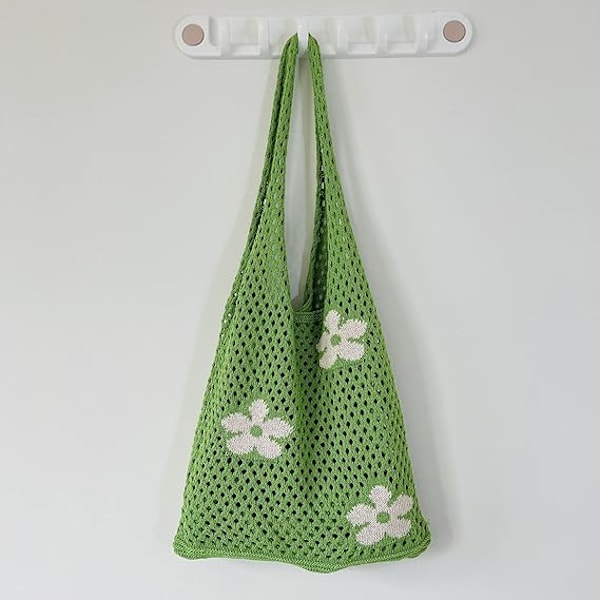 Kvinders Hæklet Tote Bag Sommer Strand Vævet Taske Stor Boho Strikket Skuldertaske Blomst Slouch Mesh Hul Tote Bag Shopping Rejse Casual Pung Ferie Green