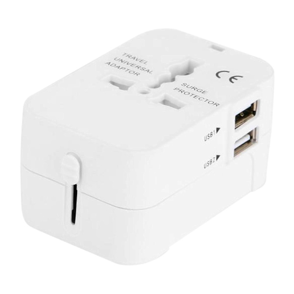 Universaali kansainvälinen matkapistokesovitin, seinälaturimuunnin 2 USB-portilla, perhelomille White
