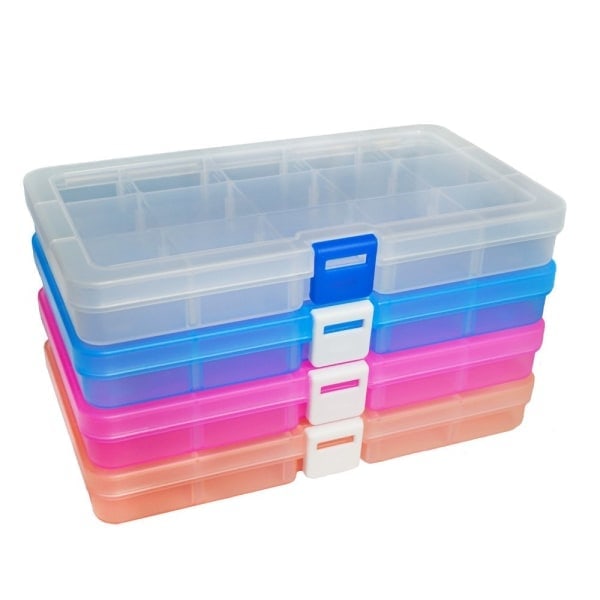 Plastförvaringslåda med 15 fack, justerbar avdelare, organizer för smycken, örhängen, verktyg (4-pack, 4 färger)