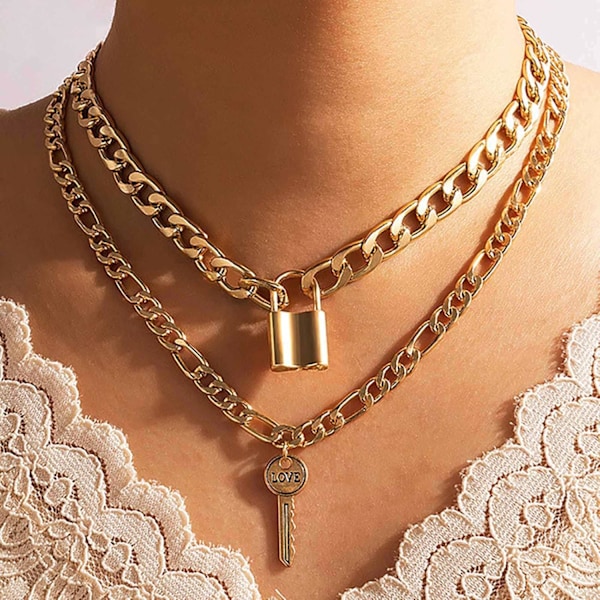 Punk-ketju Kuubalainen Paksu Choker Hopeinen Kerrostettu Kaulakoru Lukko Kaulakoru Riipus Avain Kaulakorut Litteä Reunaketju Paksu Ketju A