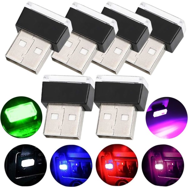 Bil USB belysning, omgivande ljus, mini trådlös USB universal LED-lampa, flera färger, 6 stycken