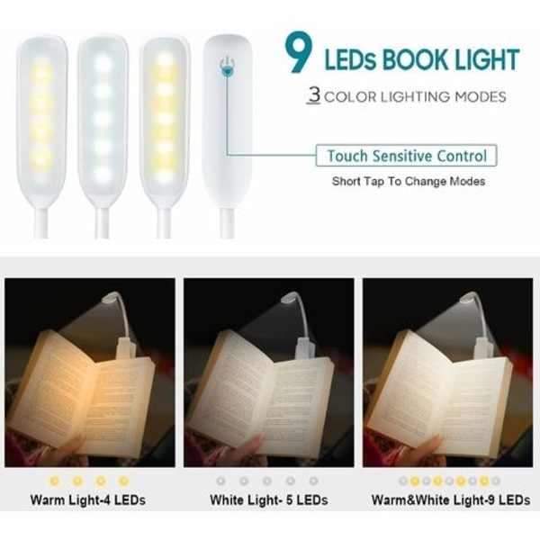 9 LED leselys, oppladbart leselys med 3 lysstyrkenivåer (kjølig hvit/varm gul), dimbart leselys for bøker i sengen