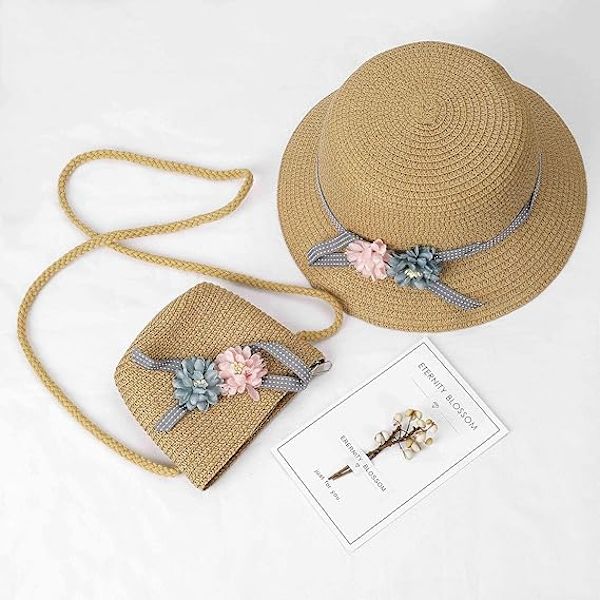 Solhatt Sommar Strand Halmhattar och Mini Söt Väska Set med Blommor Dekoration för Semester Utomhusaktiviteter Khaki