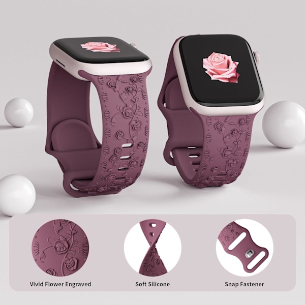 Gravert Rem for Apple Watch-reimer, iwatch-reim Kvinner, Myk Silikon Rose Blomstermønster Bånd for iWatch Series-reim Cherry/Brown 38/40/41mm