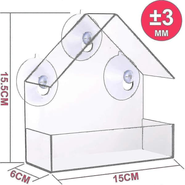 Klare akryl vinduesfoderautomater, fuglefoderautomat vildfuglefoderautomat med frøholder og 3 kraftige sugekopper, 15,5 x 15 x 5 cm
