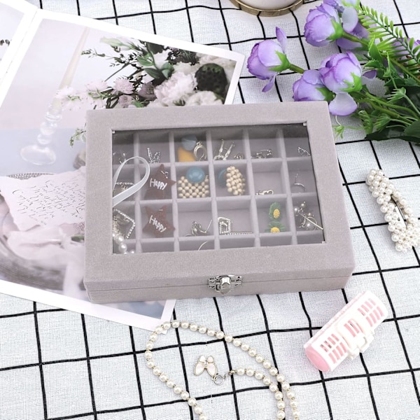 Fløjls Smykkeæske Smykke Organiser til Ring Øreringe Halskæde Smykke Display Æske Opbevaringsæske Smykke Showcase med Låg til Kvinder Pige Grey