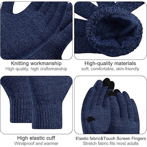 Vinter Unisex Beanie Hatt, Skjerf og Hansker Sett, Elastisk Strikket Hatt Langt Skjerf Berøringsskjermhansker Med Tykk Fleece Innerfôr for Menn og Kvinner Navy