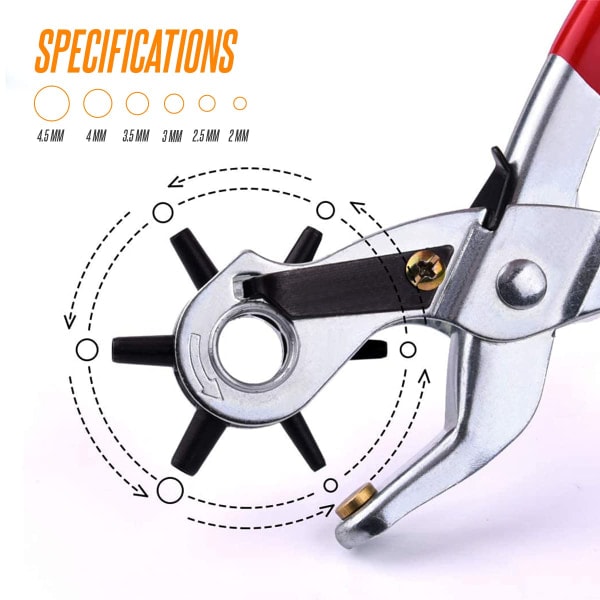 Rotationshålsslag i läder med 6 hål i flera storlekar