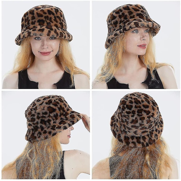 Fluffy Bucket Hat for Kvinner Vinter Pels Faux Fur Varmt Hatt Bred Bremsk Soft Hat